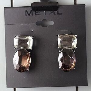 Brown and Light Green Crystal Drop Earrings, 1.5" New, Oval and Square Design